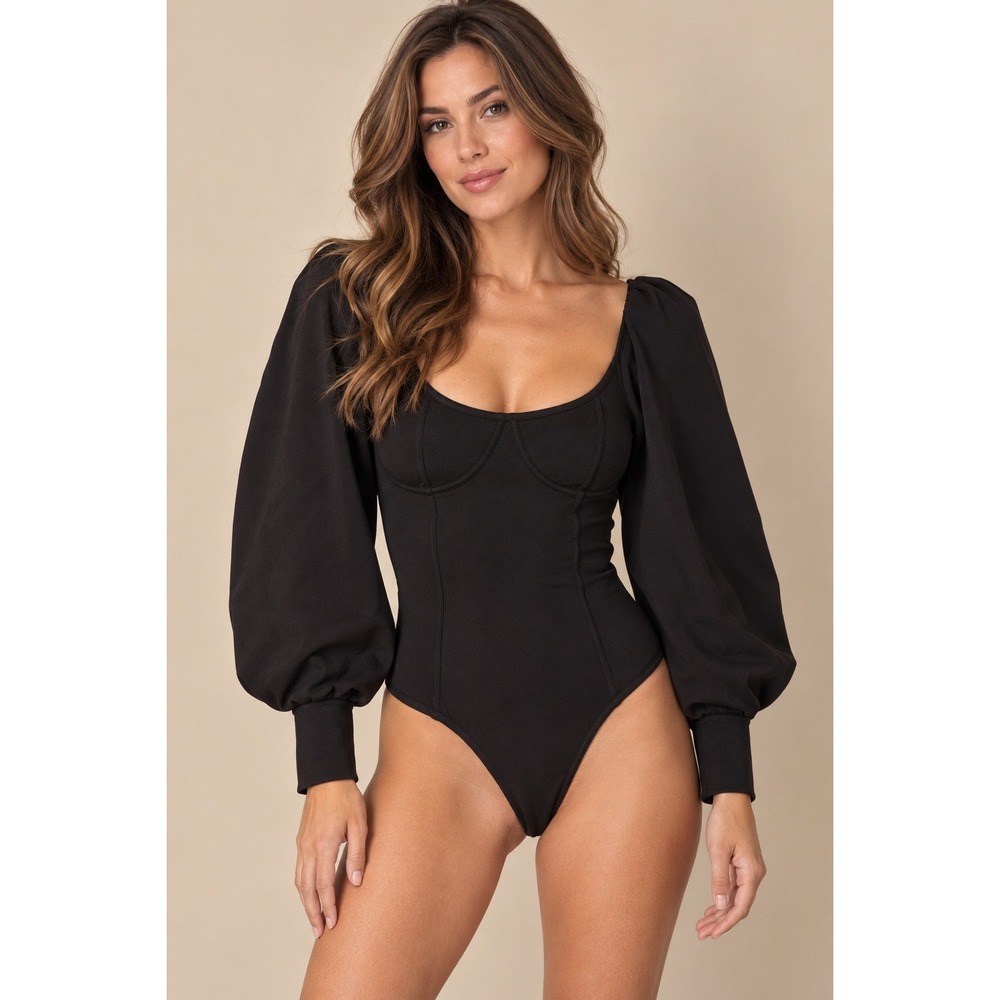 Zara Women Bodysuit Medium Black Puff Sleeve Bustier Scoop Neck Snap Closure